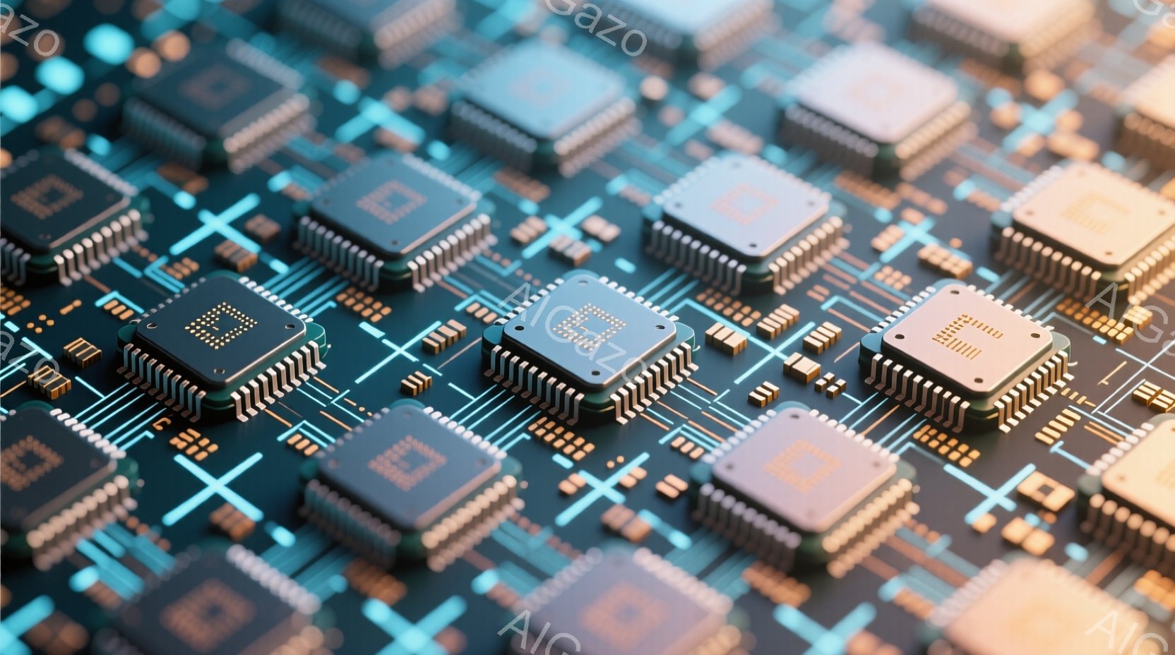 この画像は、多数のマイクロチップが密集して配置された回路基板を捉えています。チップは主に緑色と銀色で、複雑な金色の配線パターンが基板全体に広がっています。光沢のある表面と精密な回路が、高度な技術とデジタル世界の未来を暗示しています。