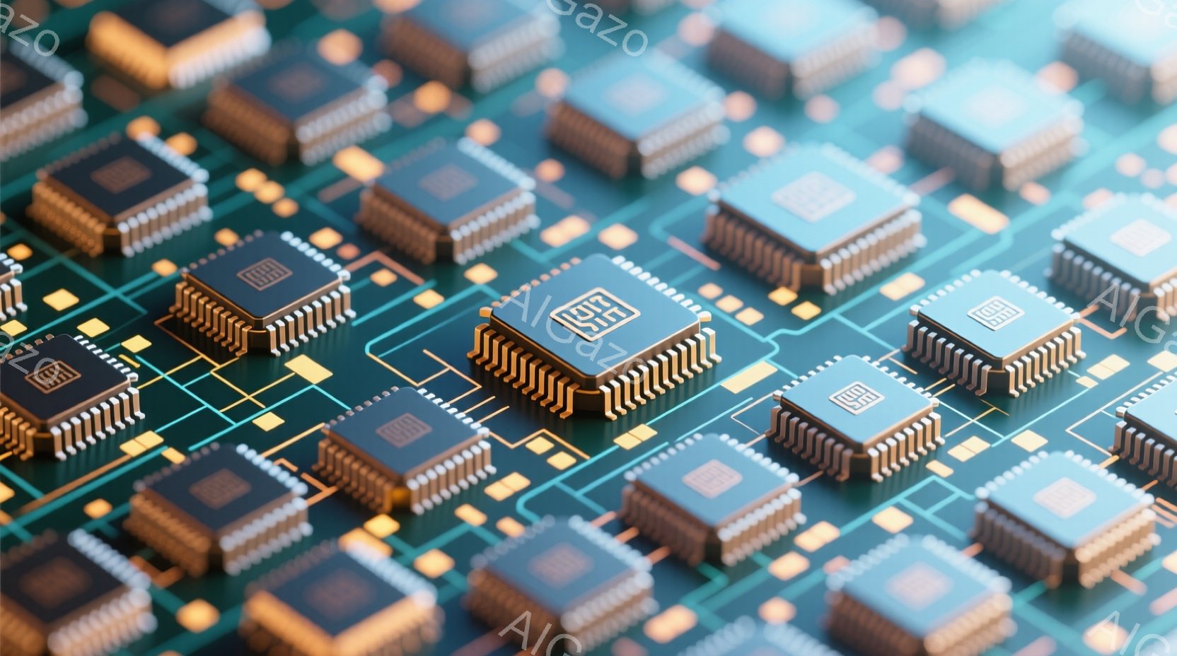 この画像は、金色の電子部品が緑色の基板上に整然と配置されたクローズアップ写真です。各部品は複雑な配線で接続されており、現代技術やマイクロエレクトロニクスの世界を想起させます。全体的に、精密で技術的な雰 - AI生成フリー素材