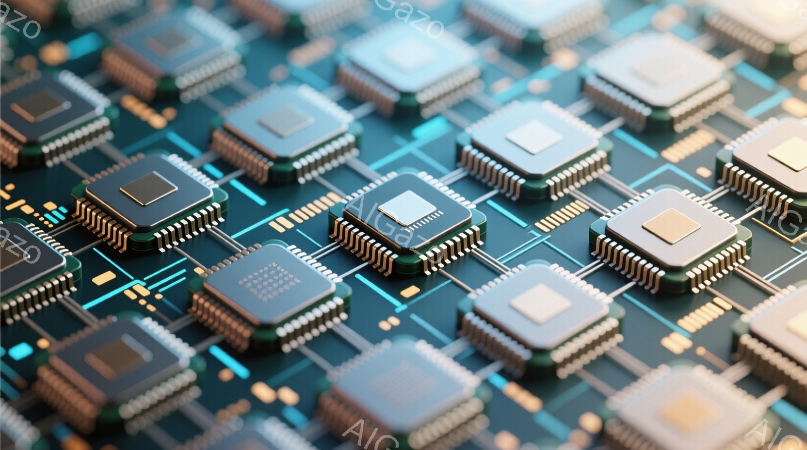 この画像は、プリント基板上に配置された多数のマイクロチップのクローズアップです。チップは金色の接点を持つ正方形で、青色の回路パターンが基板上を複雑に走っています。全体的に、精密な電子機器の内部構造を表現した、未来的な雰囲気の画像です。