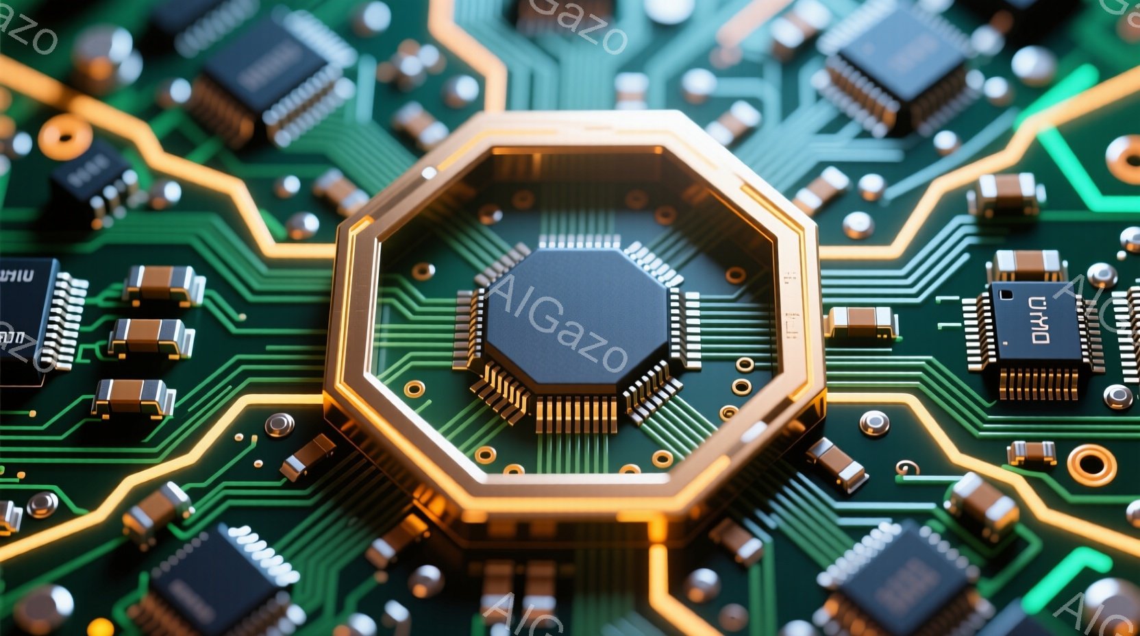 この画像は、緑色のプリント基板をクローズアップしたもので、金色の八角形のフレームが中央に配置されています。フレーム内部には、さらに小さな黒い四角形があり、微細な回路が描かれています。基板全体には、様々な電子部品が配置され、複雑な技術的な構造が強調されています。