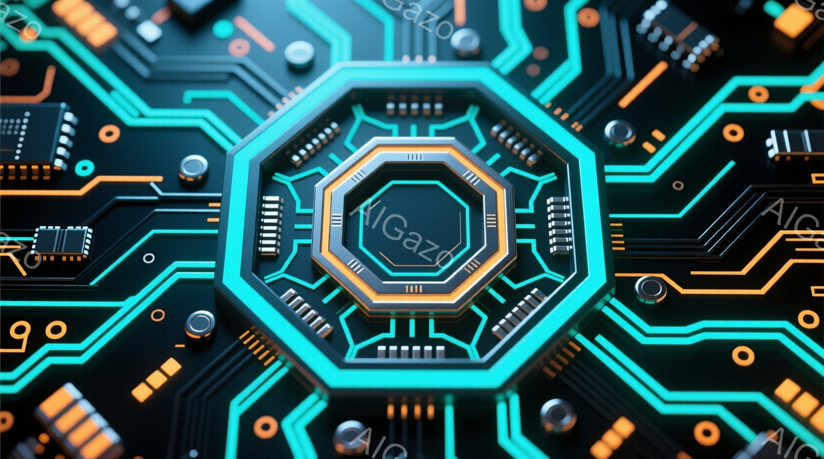 この画像は、複雑な回路基板のクローズアップです。ターコイズブルーの線が、黒い基板上に幾何学的なパターンを描き、中央には金色の多角形の構造が配置されています。様々な電子部品が基板上に配置され、未来的なテクノロジーの雰囲気を作り出しています。
