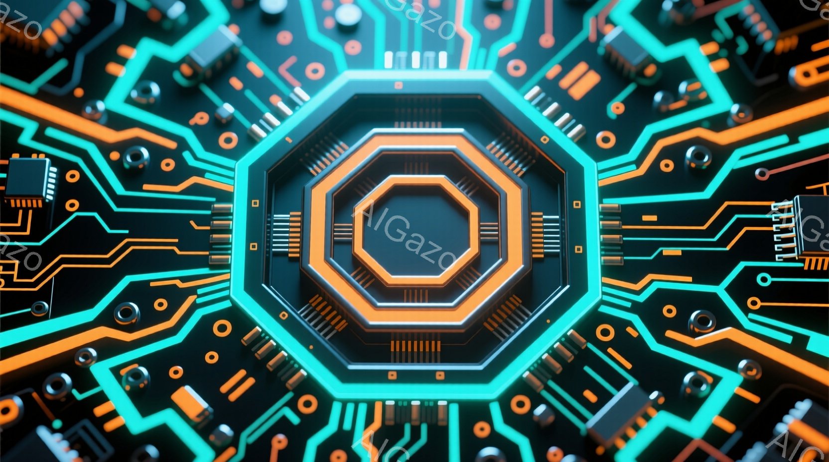 この画像は、ネオンカラーの回路基板をクローズアップしたものです。オレンジとターコイズブルーの光が複雑なパターンを描き、中心に向かって収束する幾何学的な構造が印象的です。未来的なテクノロジーを象徴する、 - AI生成フリー素材