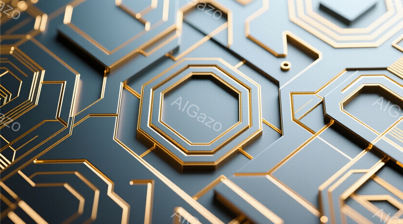 鮮やかな水色の背景に、金色の六角形が幾何学的に配置された３Dレンダリング画像です。六角形は立体的に浮き出ており、光沢のある質感と影が、洗練された未来的な雰囲気を醸し出しています。背景はシンプルで、六角 - AI生成フリー素材