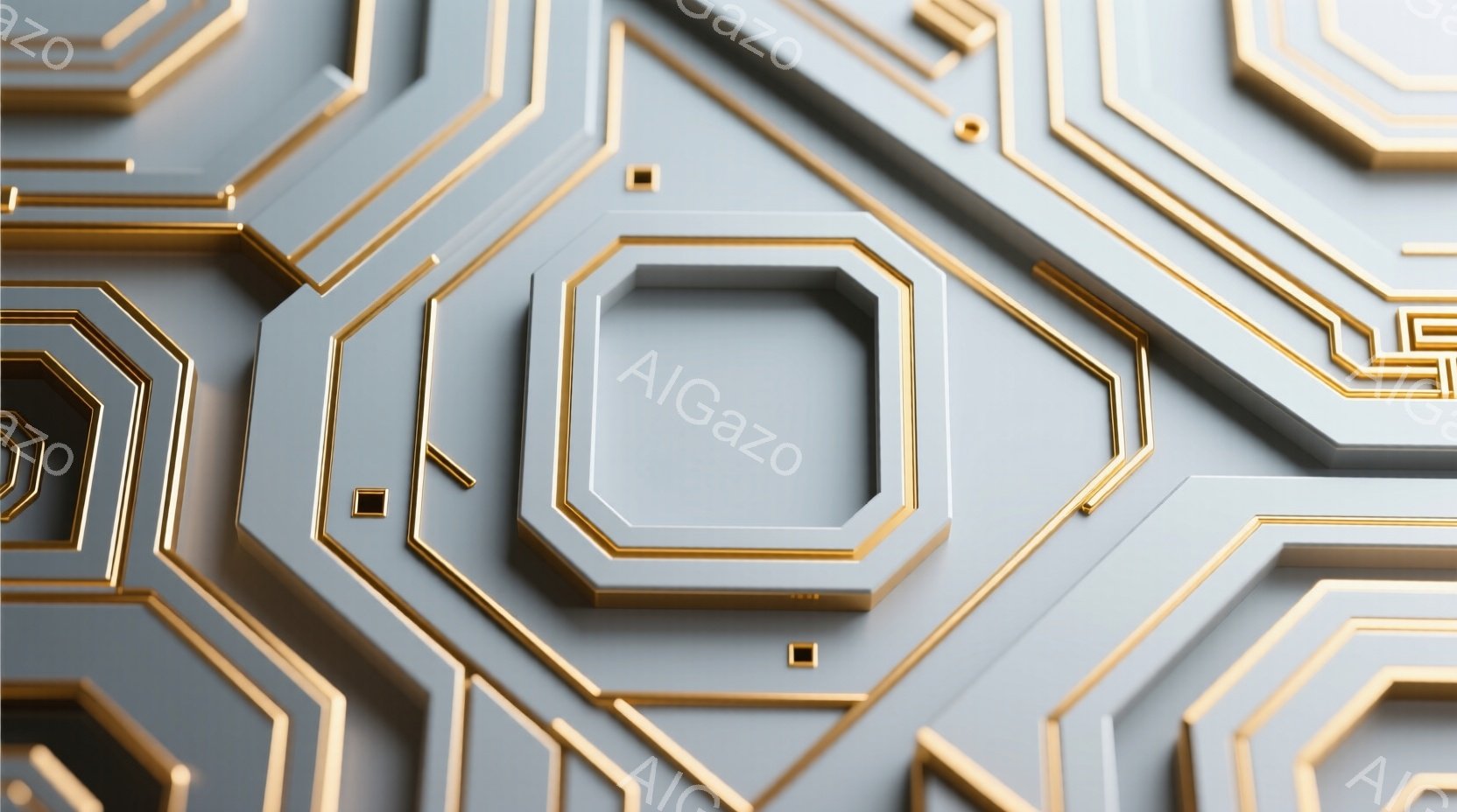 画像は、金色の縁取りを持つ灰色の六角形が複雑に絡み合ったパターンで構成されています。立体的な六角形が、背景を埋め尽くし、幾何学的で未来的な雰囲気を醸し出しています。光の当たり具合により、影が生まれ、奥行きと複雑さが強調されています。