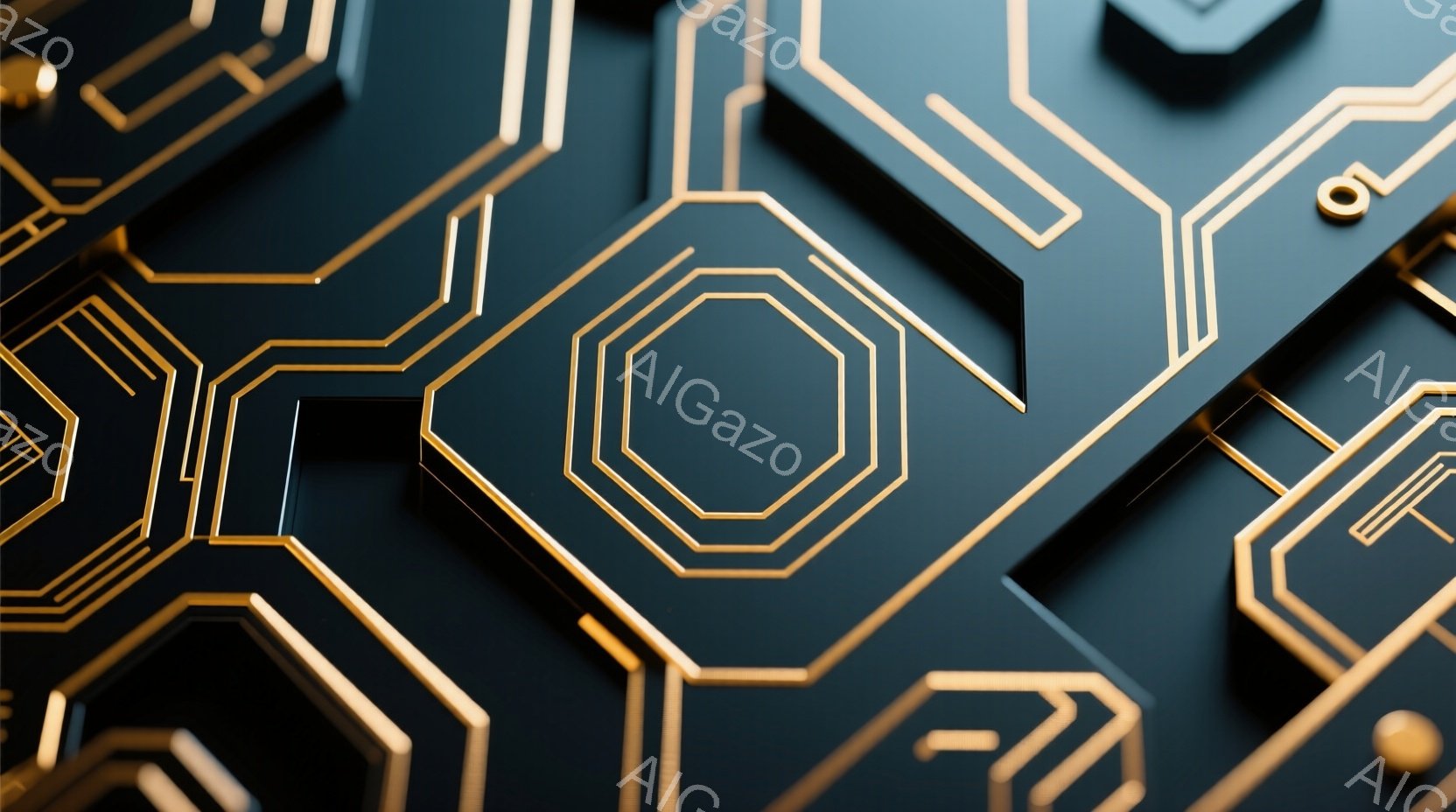 濃い青色の背景に、金色の幾何学模様が浮き彫りになっています。六角形や線が複雑に組み合わさり、未来的な回路や装飾を連想させます。影がほどよく落ちており、立体感と高級感が際立っています。 - AI生成フリー素材