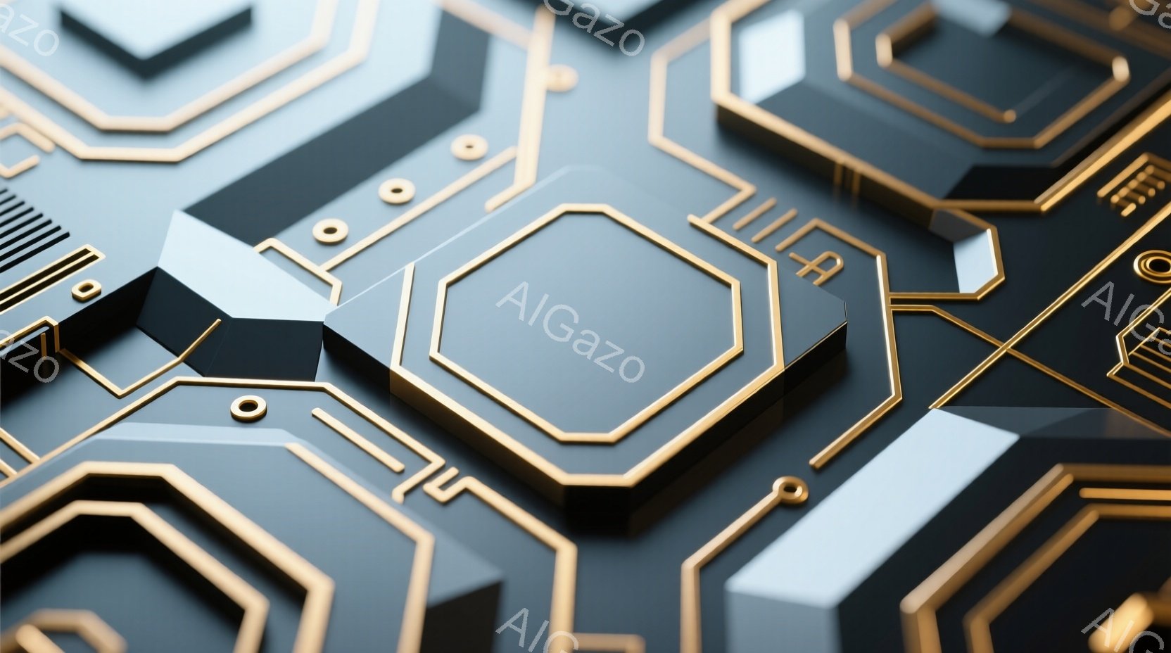 鮮やかな黒と金色の幾何学模様が複雑に組み合わさった抽象的な背景です。六角形や細い線が立体的に配置され、未来的な回路やテクノロジーを連想させます。光沢のある素材と影のコントラストが、洗練された印象を与え - AI生成フリー素材