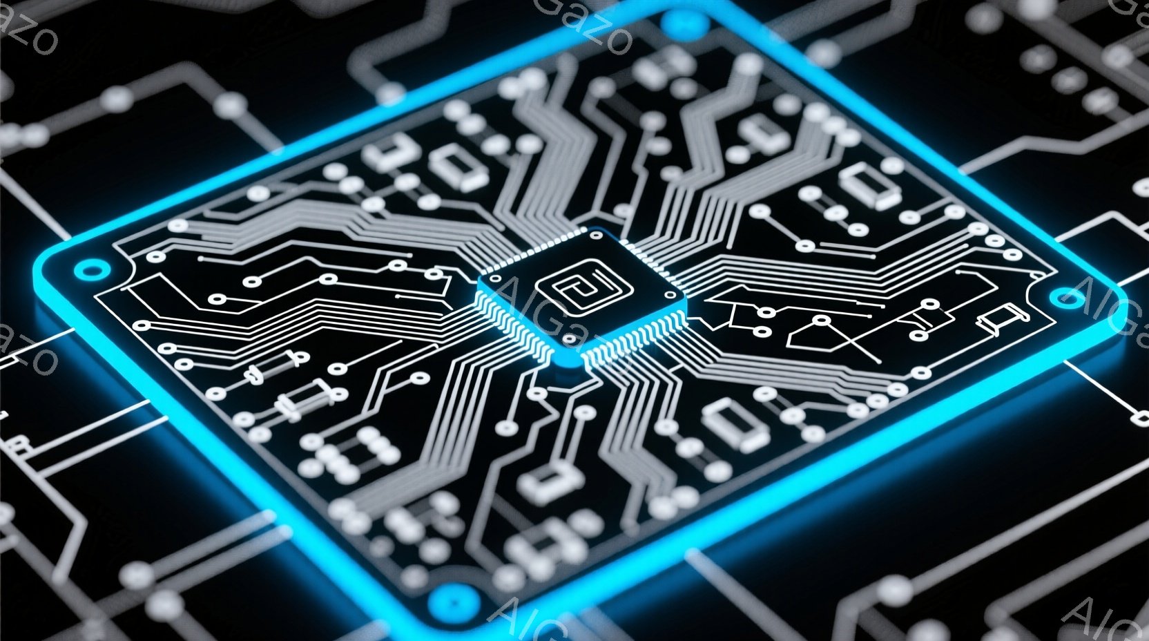 この画像は、黒い背景に浮かぶ、青色の光る回路基板を捉えています。基板は四角形で、複雑な電子回路のパターンが描かれており、中央には小さなチップが配置されています。背景には同じ回路パターンが広がり、未来的なテクノロジーの雰囲気を醸し出しています。