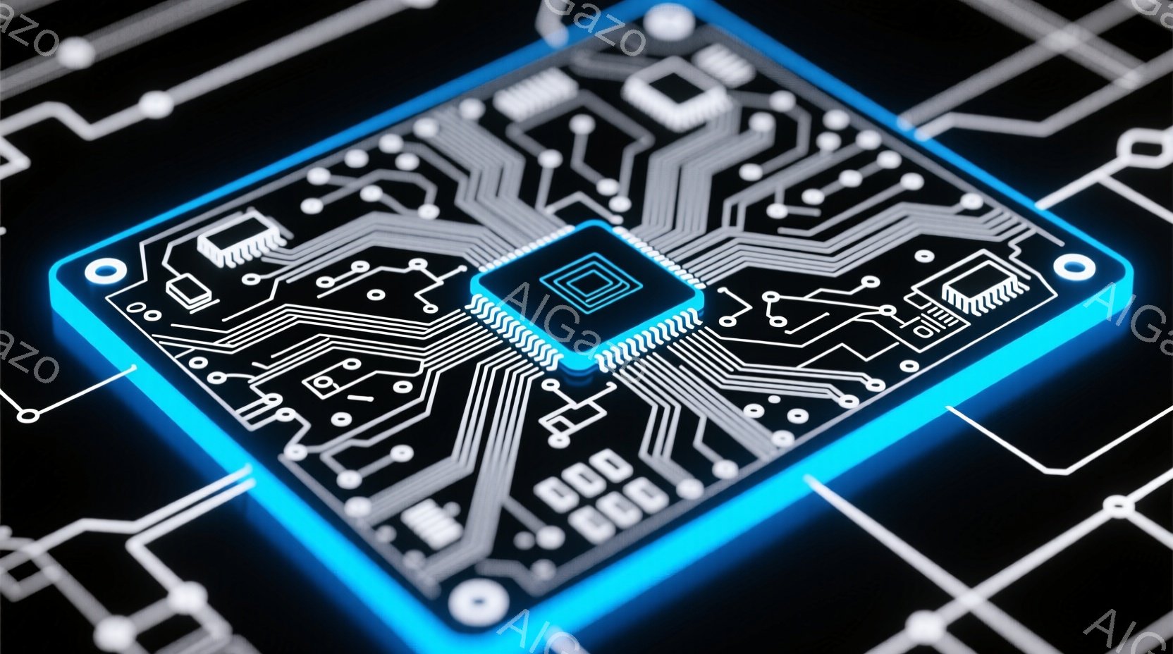 暗い背景に、青色の光を放つ回路基板が傾いて配置されています。基板上には複雑な銀色の配線と電子部品が密集し、高度な技術を連想させます。回路基板の周囲にも、同様の銀色の配線が光り、未来的な雰囲気を醸し出しています。