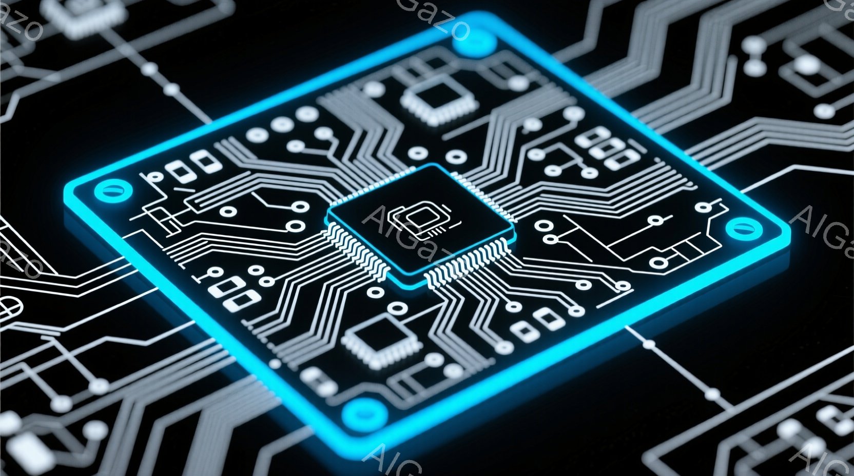 この画像は、青い発光線で縁取られたプリント基板を描いています。基板の中央には、複雑な回路が組み込まれた小さなチップが配置され、細かい線と円形の接続点が緻密に広がっています。背景は黒く、回路線が基板から - AI生成フリー素材