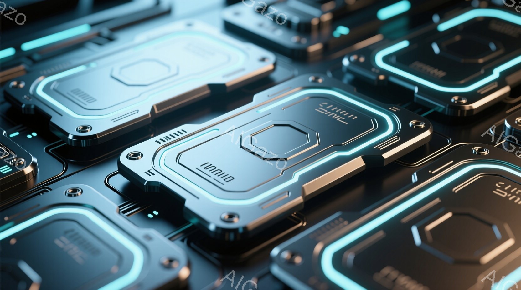 この画像は、未来的な回路基板のクローズアップです。青色の光が回路に沿って流れ、金属製の部品が複雑に配置されています。全体的に、テクノロジー、精密さ、そして未来的な雰囲気が漂います。 - AI生成フリー素材