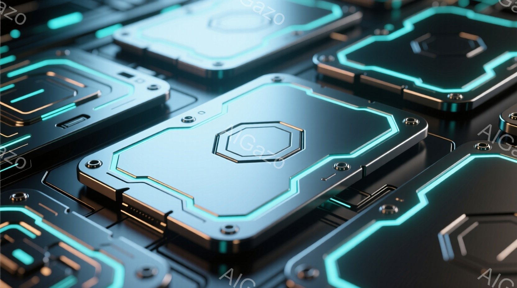 この画像は、未来的な電子回路または技術的なインターフェースのクローズアップです。青緑色の光る線が、暗い金属製のパネルを複雑に縁取り、幾何学的なデザインが繰り返されています。全体的に、高度な技術と洗練された未来感を表現しており、回路板やサイバー空間を想起させます。