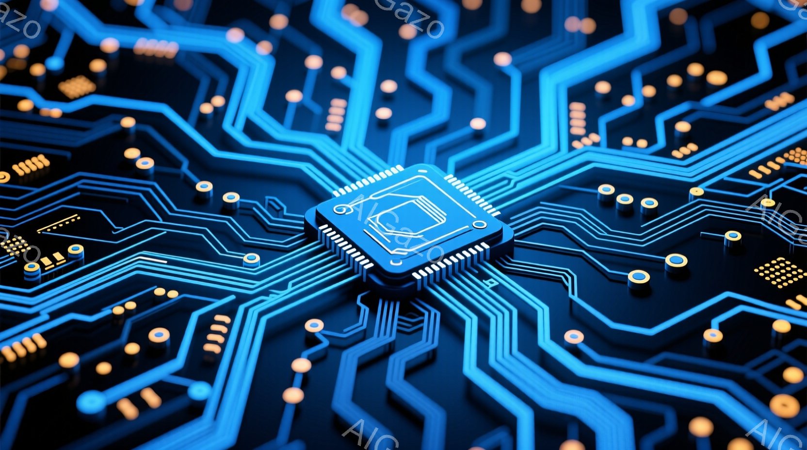 深い青色の基板上に、中央に銀色の電子チップが配置されています。チップの周りには、細かい回路パターンが複雑に広がっており、小さな金色の丸い部品が点在しています。全体的に未来的な雰囲気で、テクノロジーと精密さを強調したイメージです。