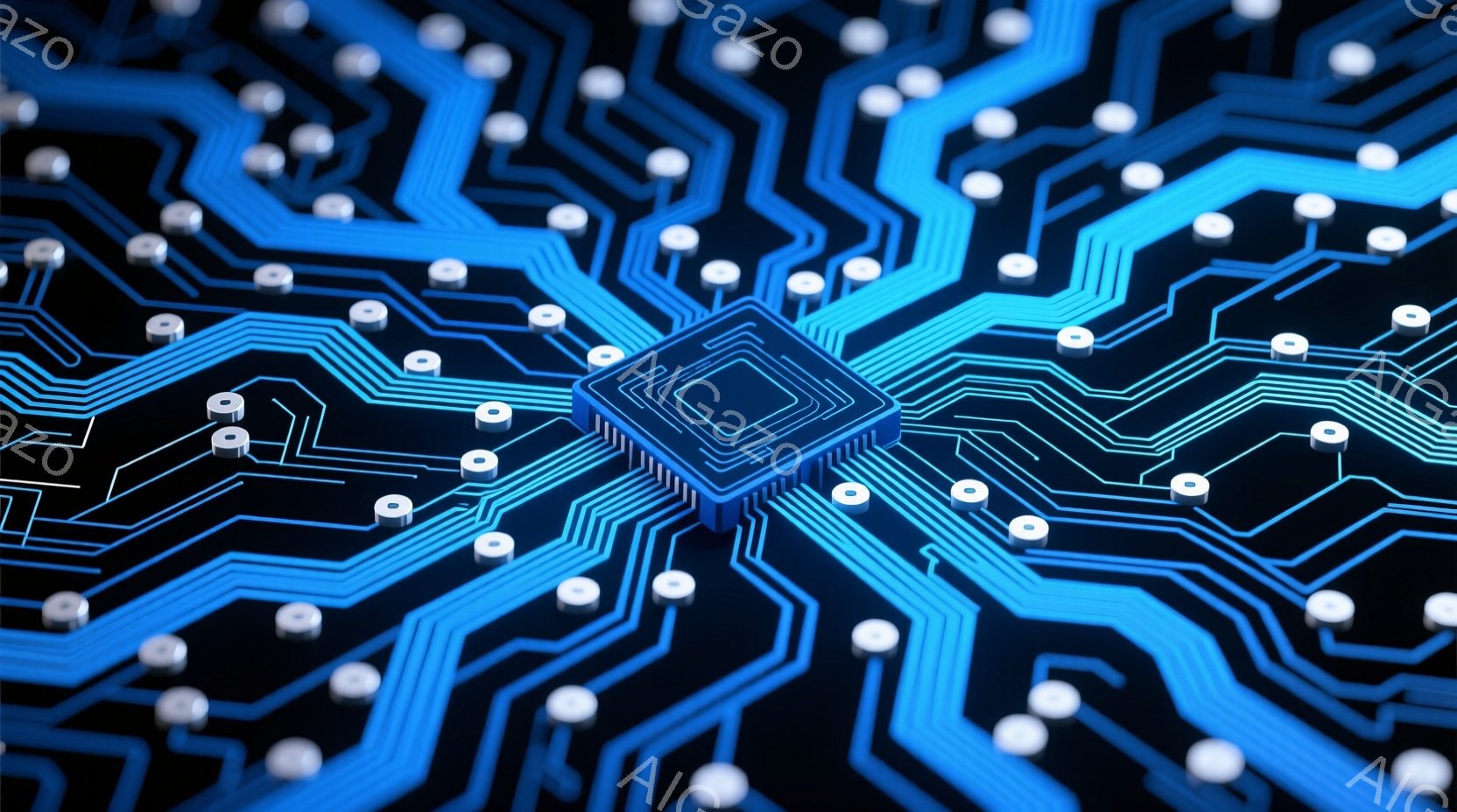 この画像は、暗い背景に青い回路パターンが広がっており、中心には青い四角いICチップが配置されています。回路パターンは、チップから放射状に広がり、小さな白い球体のような部品で接続されています。全体的に、未来的なテクノロジーや電子機器の内部構造を想起させる、クールで鮮やかな雰囲気です。