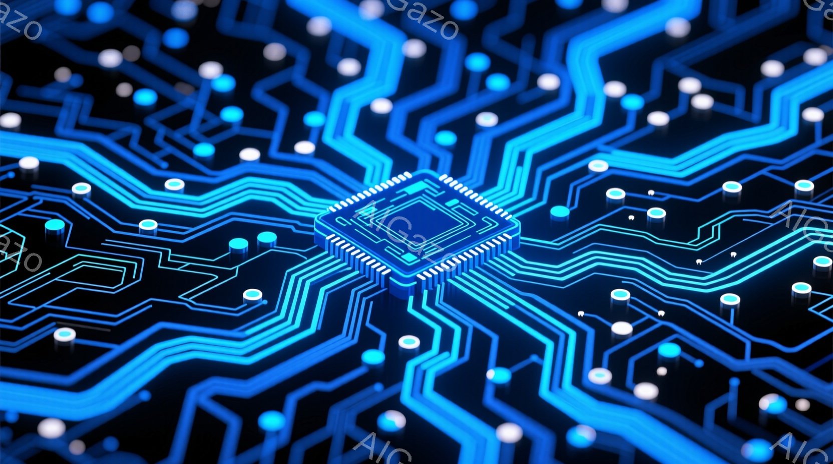 鮮やかな青色の回路基板が黒い背景に広がっており、中央には小さな四角いチップが配置されています。回路は発光しており、未来的なテクノロジーの雰囲気を醸し出しています。全体として、デジタル世界や電子機器の内部構造を表現した、洗練されたイメージです。