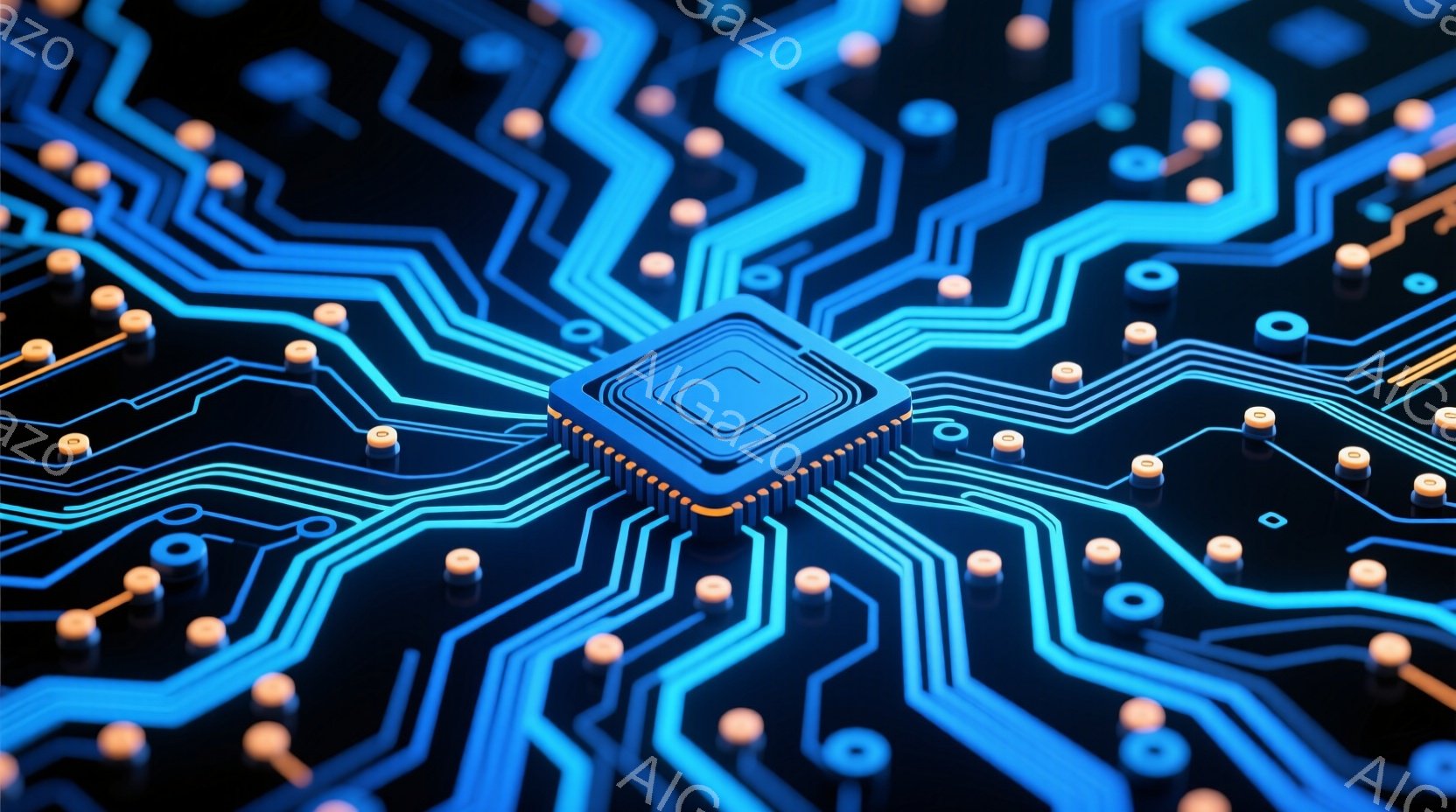 鮮やかな青色の回路基板が黒い背景に広がり、中心には銀色の四角いマイクロチップが配置されています。チップの周りには小さな金色の突起が規則的に配置されており、未来的でテクノロジーを感じさせる雰囲気です。光沢のある素材と鮮明な色彩が、精密さと洗練さを強調しています。