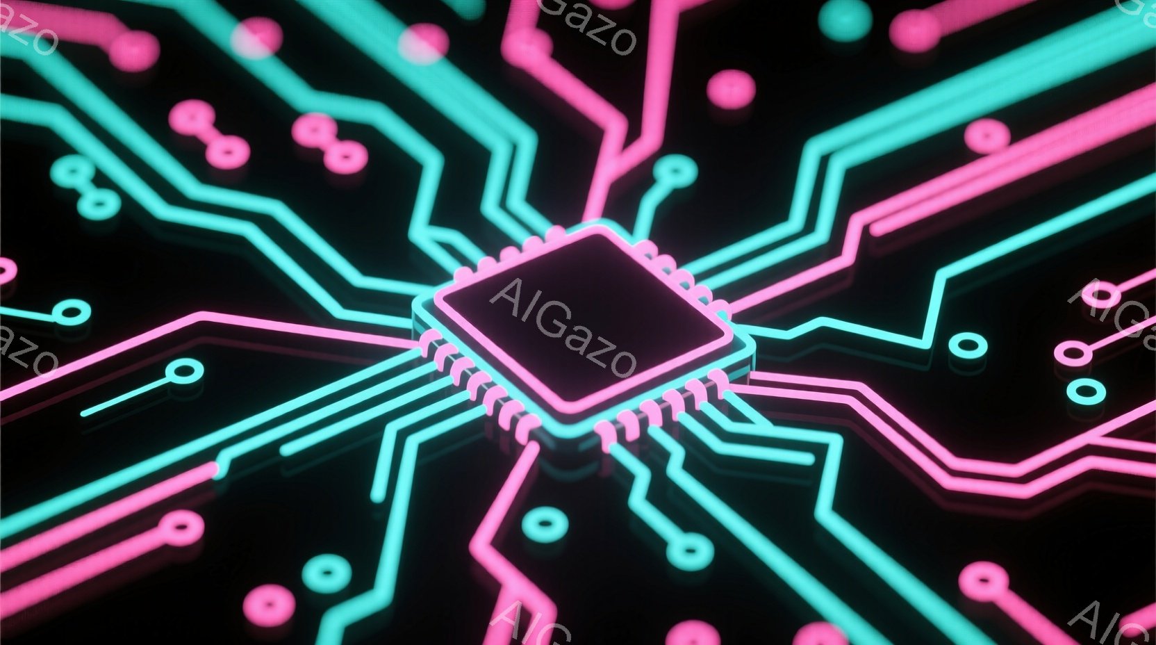 暗い背景にネオンピンクとターコイズブルーの光る回路が複雑に描かれている。中央には黒色の半導体チップが配置され、回路と接続されている。全体的に未来的でテクノロジーを感じさせる、鮮やかでサイバーパンクな雰 - AI生成フリー素材
