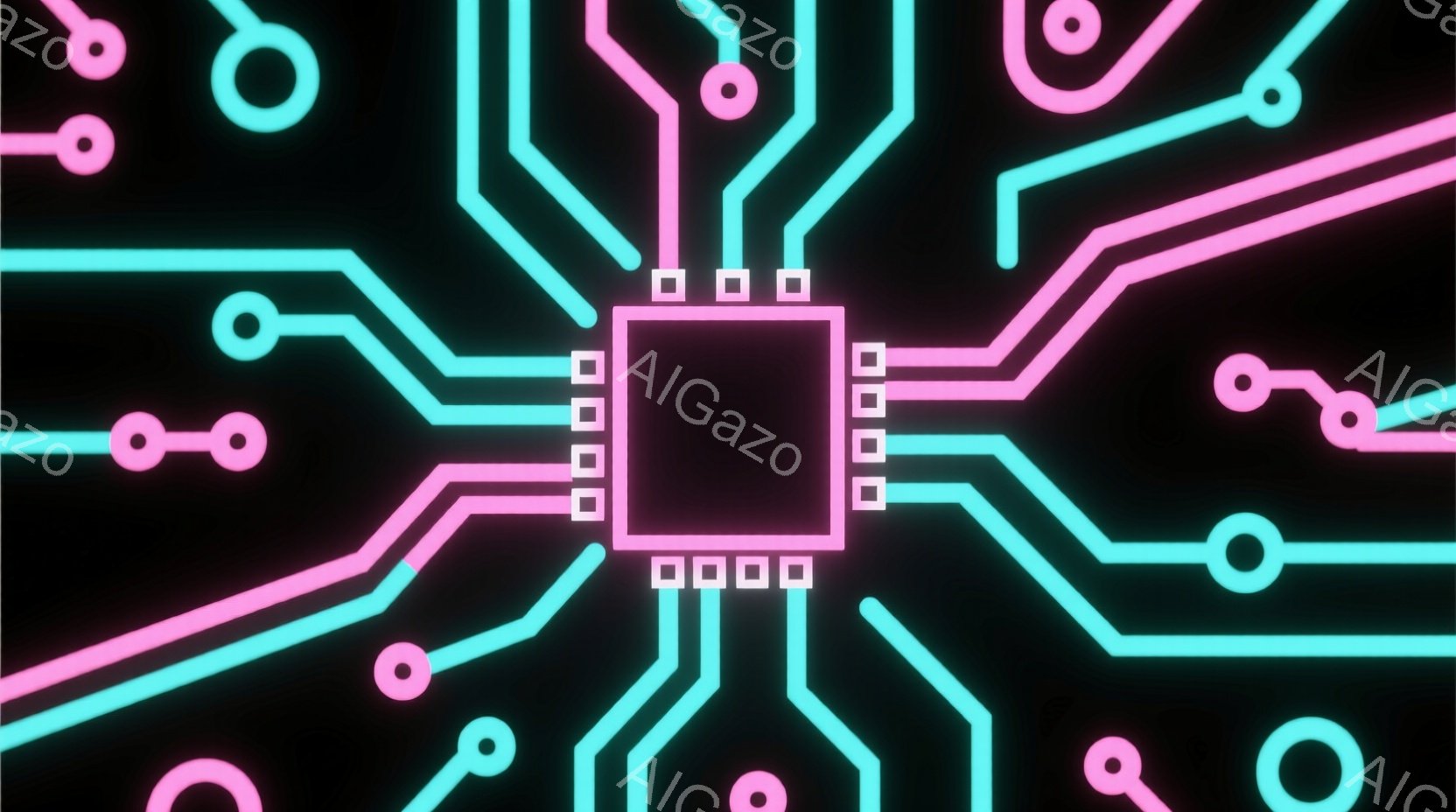 黒背景に、ピンクと水色の光る回路が複雑に描かれています。中央には四角いICチップがあり、そこから様々な方向に線が伸びています。全体的に未来的な電子機器の内部構造を彷彿とさせる、鮮やかで技術的な雰囲気が - AI生成フリー素材