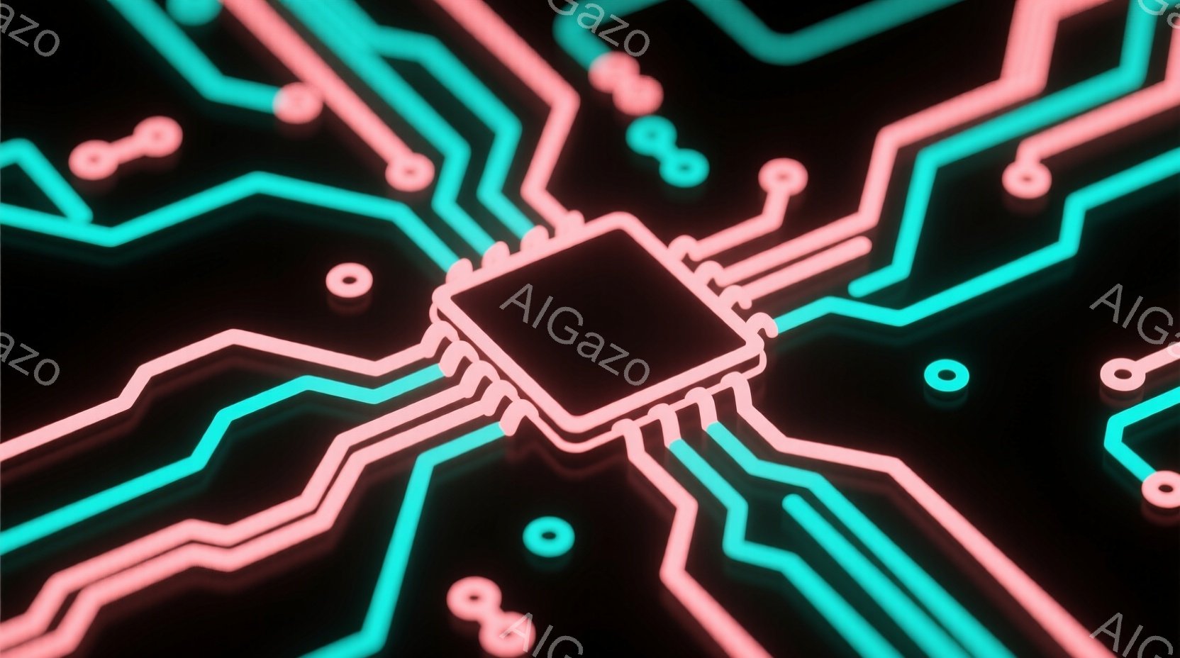 暗い背景に、鮮やかなネオンピンクとターコイズブルーの回路が複雑に広がっている。中心には、同じネオンカラーで縁取られた四角いチップが配置され、未来的な電子機器の内部構造を想起させる。全体的に、鮮やかな色 - AI生成フリー素材
