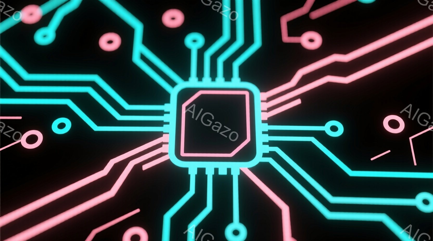 鮮やかなネオンピンクとターコイズブルーの回路が黒背景に浮かび上がっています。中心には、チップのような四角い黒いオブジェクトがあり、そこから様々な方向に線が伸びています。全体的に未来的なテクノロジーを想起させる、シンプルながらも印象的なデザインです。