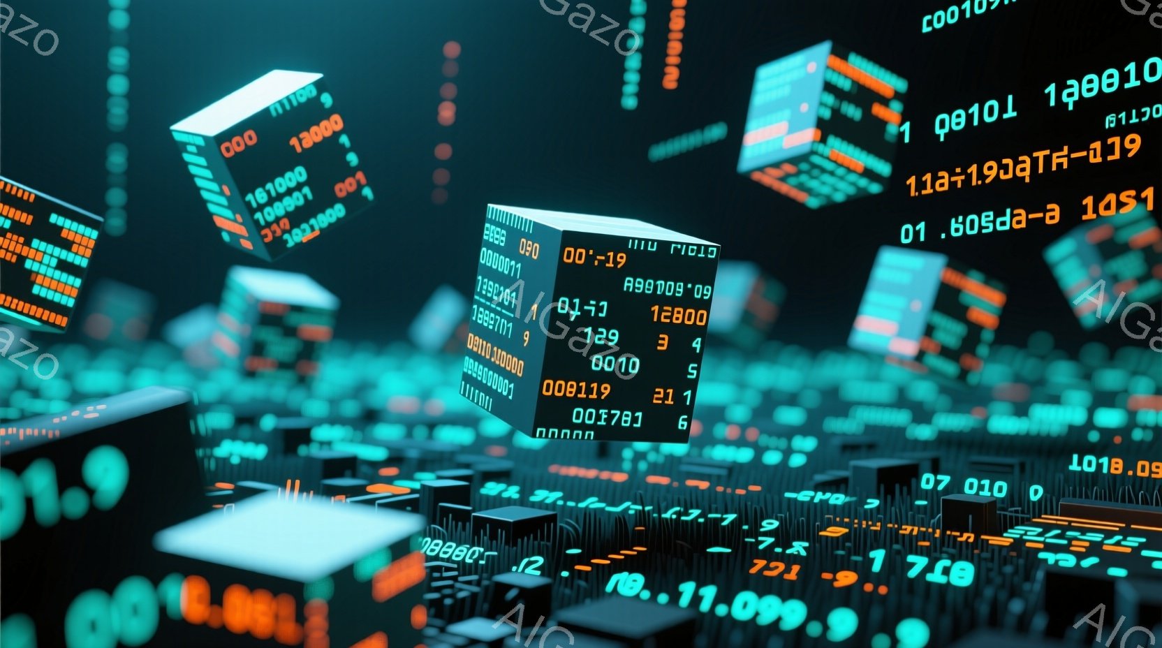 この画像は、デジタルな都市景観を描いています。高層ビルはデータストリームで構成され、0と1のバイナリコードが各構造物を覆っています。全体的に、未来的なテクノロジーと情報化社会を象徴する、鮮やかで抽象的な雰囲気です。