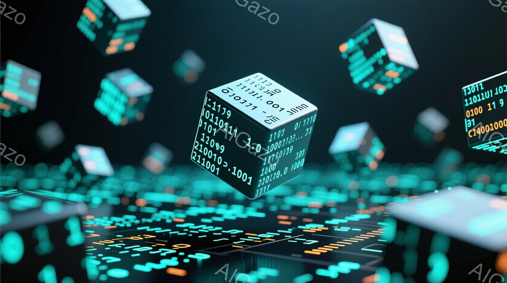 この画像は、暗い背景に浮かぶ無数の立方体が特徴的です。各立方体には白く光るデジタルコードが刻まれ、サイバー空間や仮想現実を連想させます。全体的に未来的な雰囲気で、デジタル技術の複雑さと無限の可能性を示唆しています。