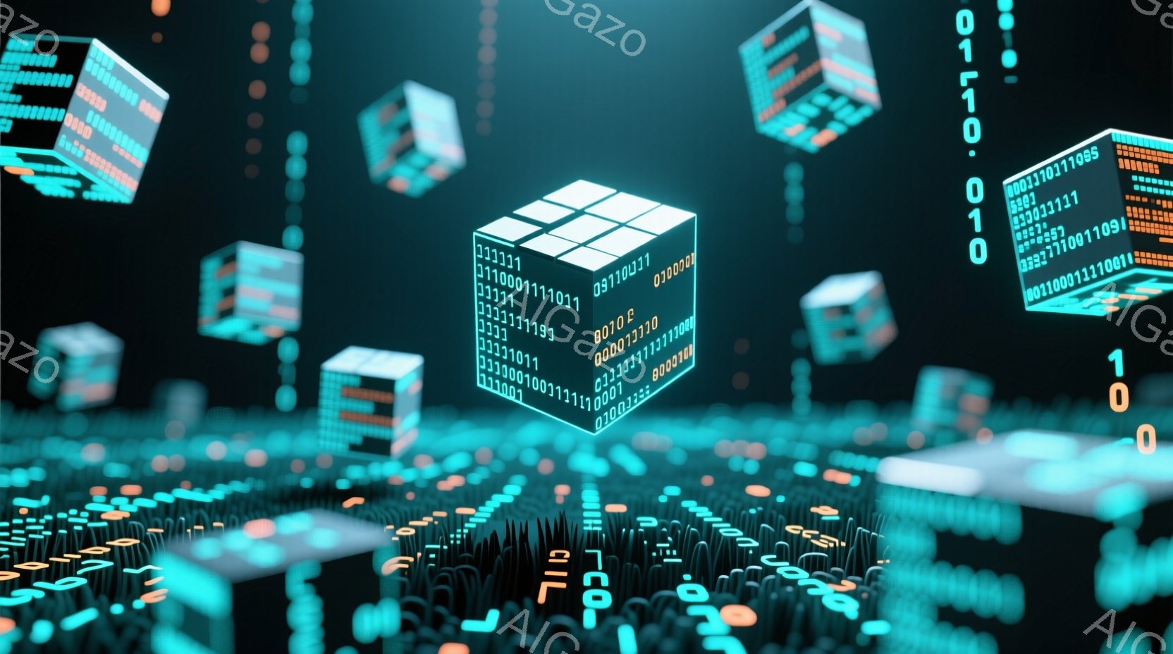 この画像は、デジタル空間を表現したもので、多数の立方体が浮遊しています。各立方体には、0と1で構成されたバイナリコードが光り輝きながら表示されており、サイバーパンクまたは未来的な雰囲気を醸し出していま - AI生成フリー素材