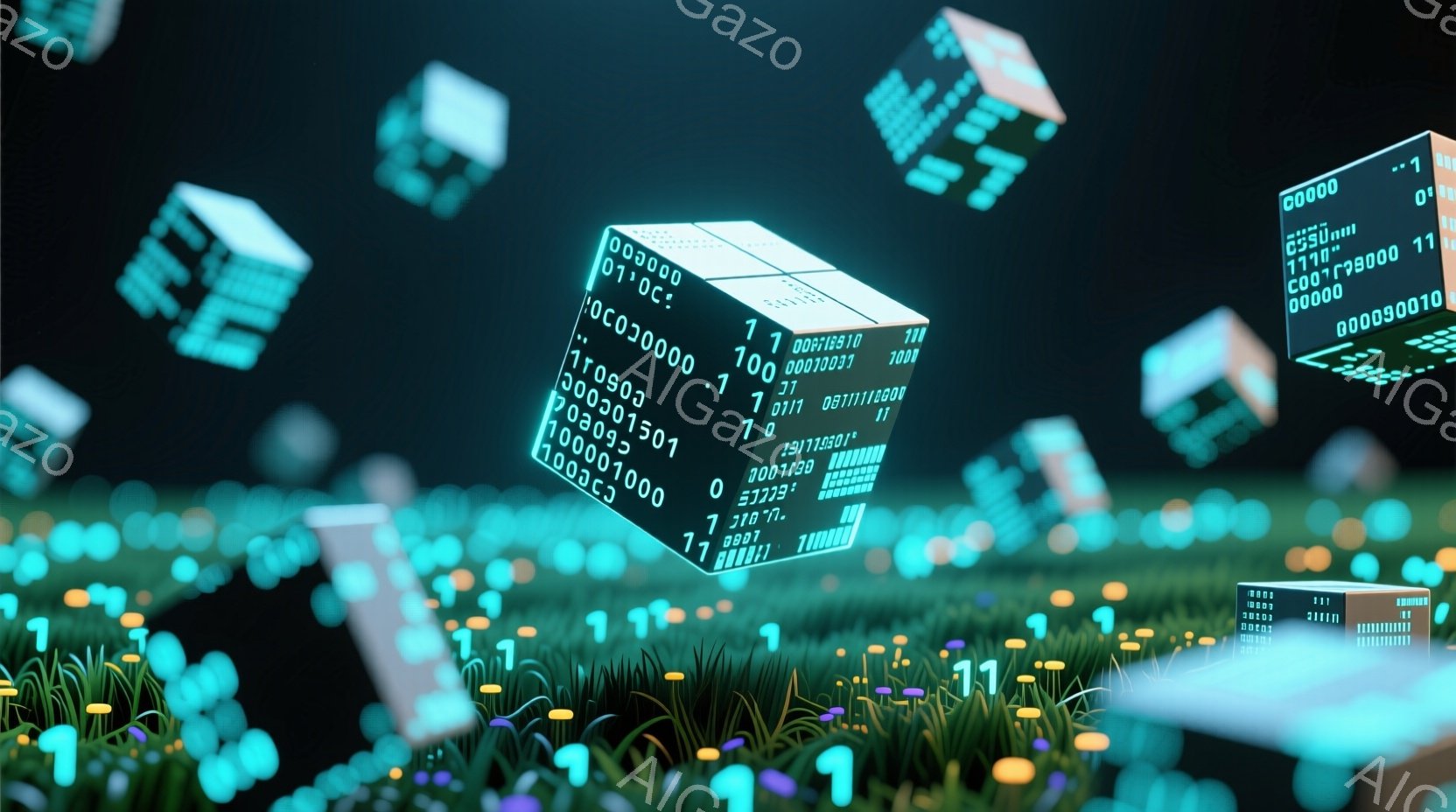 この画像は、緑の草地に浮かぶ、様々な数字が刻まれたキューブが多数描かれています。キューブは鮮やかな青色から紫色を帯びた色合いで、未来的な雰囲気を作り出しています。背景は暗く、キューブが発光することで、まるでデジタル空間に漂っているような印象を与えます。