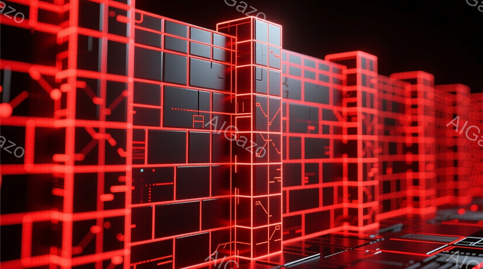 この画像は、赤い線で構成された未来的な都市景観を描写しています。線は、立方体や長方形の構造を形成し、まるでデジタル空間に浮かぶ建物を思わせます。暗い背景と鮮やかな赤色のコントラストが、サイバーパンクやテクノロジーを感じさせる雰囲気を作り出しています。