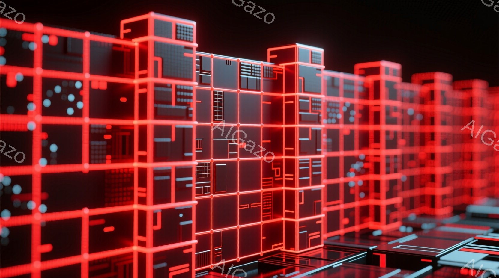 この画像は、ネオンレッドの光で照らされた、未来的な都市景観を描いています。建物はワイヤーフレーム構造で構成され、まるでサイバー空間に存在するようです。暗い背景とのコントラストが、神秘的でテクノロジー感 - AI生成フリー素材