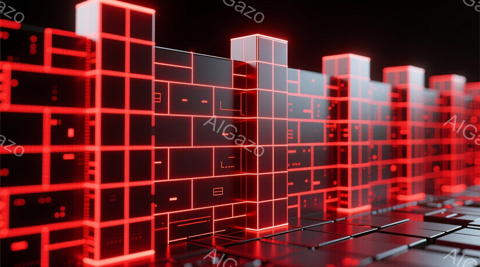 鮮やかな赤色のネオンライトで構成された、未来的な都市景観が広がっている。幾何学的なブロックが積み重なり、迷路のような複雑な構造を形作っており、光の線がそれらを強調している。全体的に、サイバーパンク的で - AI生成フリー素材