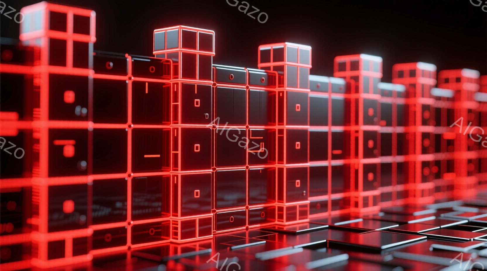 鮮やかな赤色の立方体が整然と積み重ねられ、未来的な構造物を形成している。各立方体には異なる記号や形状が刻まれ、どこか電子回路やデータストリームを連想させるデザインだ。暗い背景とのコントラストが、立方体の発光を強調し、サイバーパンク的な雰囲気を醸し出している。