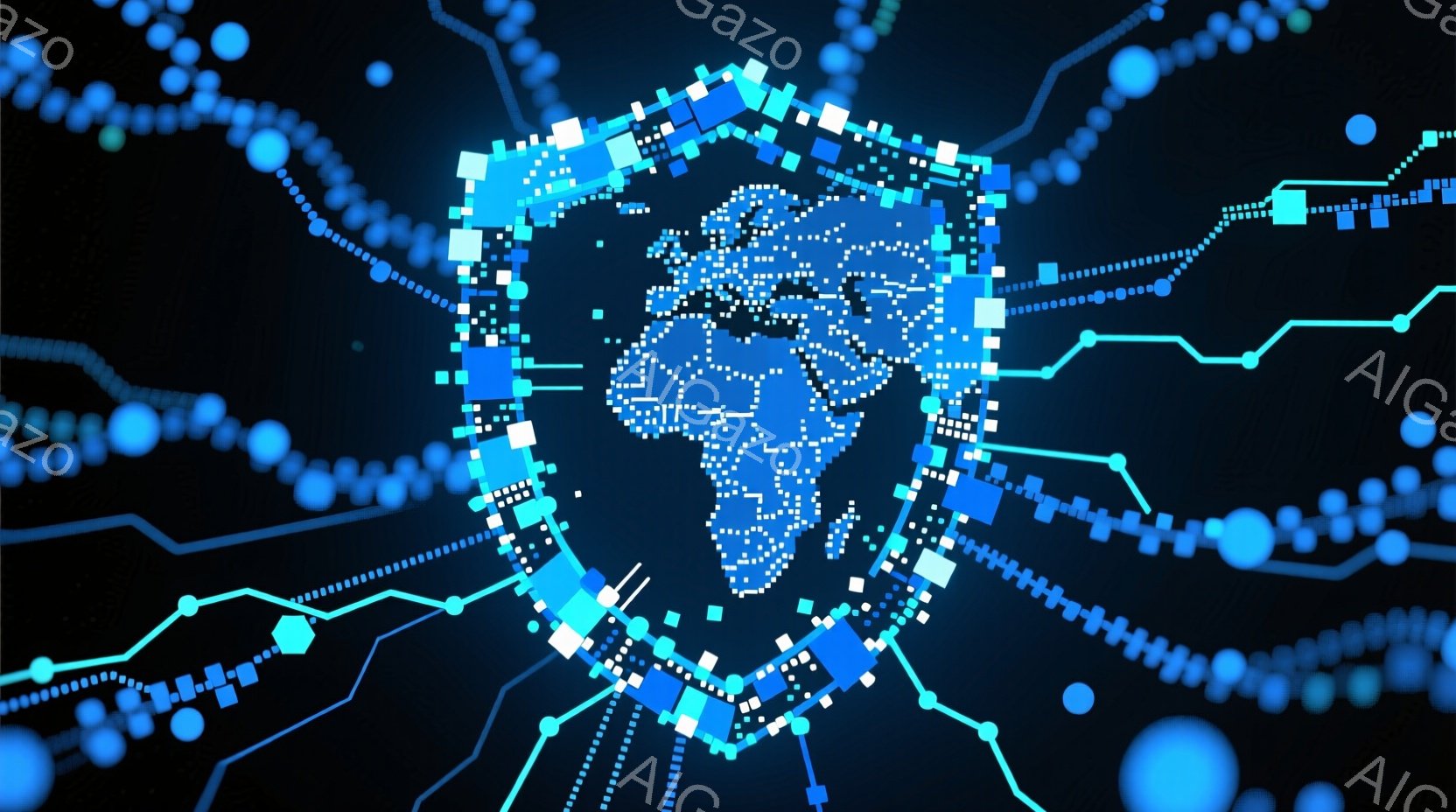 画像は、青色の背景に、アフリカ大陸の形をしたデジタルな構成物が中央に配置されています。大陸の形は点線と小さな四角形のブロックで構成され、周囲には同様の青色のブロックや点線がネットワーク状に広がっています。全体的に、テクノロジーとグローバルなつながりを象徴するような、未来的な雰囲気を醸し出しています。