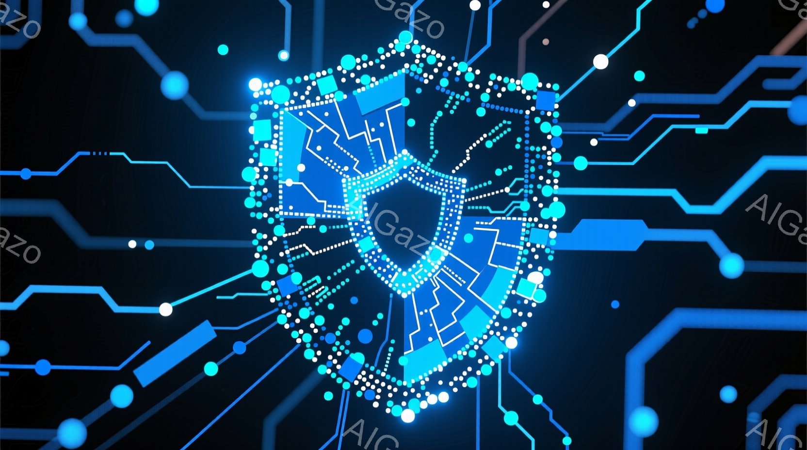 鮮やかな青色の回路が描かれた黒い背景に、緑と青の光る盾形のアイコンが中央に配置されています。盾は細かいドット状の光で構成され、内部には複雑な回路模様が広がっています。全体として、サイバーセキュリティやデジタル保護を象徴するような、未来的な雰囲気を持った画像です。