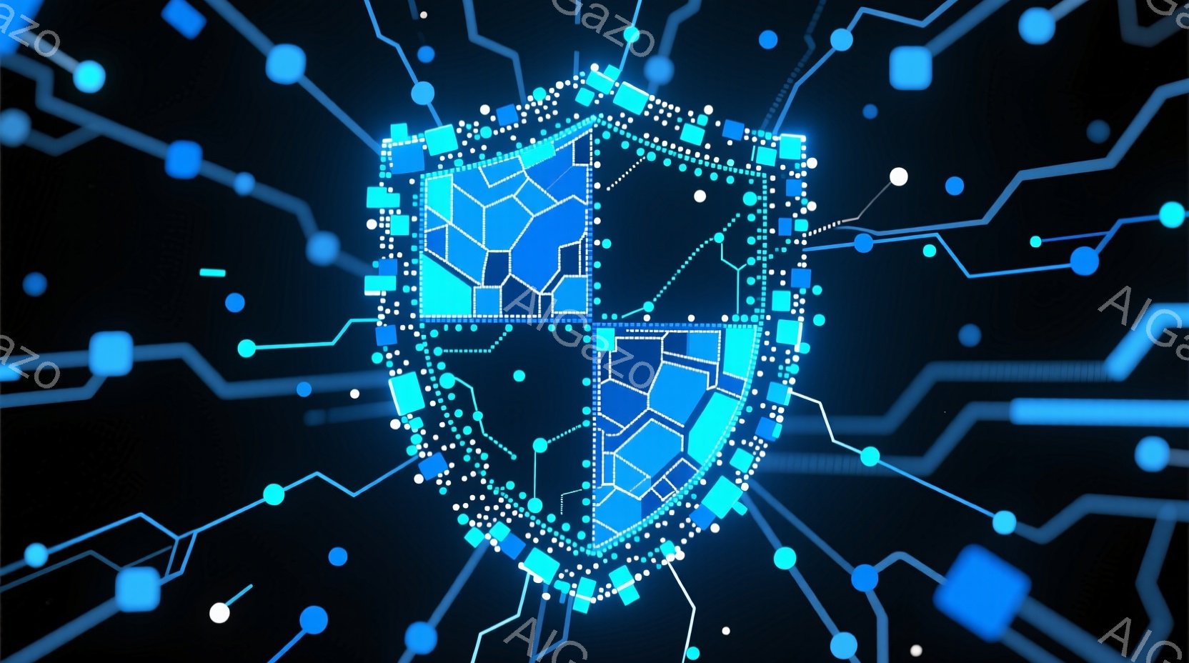 この画像は、暗い背景に青い光る線で構成されたデジタルな回路が描かれており、その中心には青い光の粒子で構成された盾の形が浮かび上がっています。盾は複雑なパターンで構成され、高度なセキュリティや保護を象徴 - AI生成フリー素材