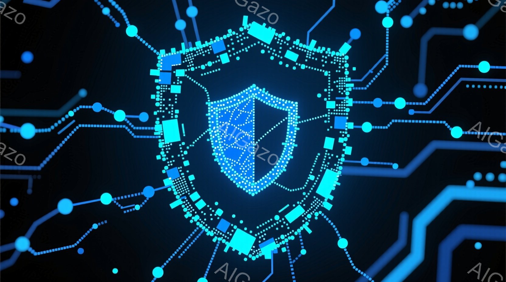 深い黒背景に、明るい青色のデジタル回路が複雑に描かれています。回路の中心には、ドットで構成された盾の形をしたアイコンがあり、セキュリティや保護の概念を視覚的に表しています。全体的に、未来的なテクノロジーとデジタルセキュリティをテーマにした抽象的なイメージです。