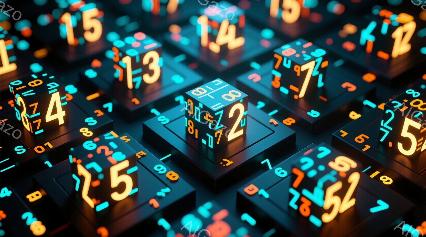 立方体が無数に並び、それぞれに数字が光るネオンライクなデザインが施されています。色は鮮やかなオレンジ、ピンク、ブルーが混ざり合い、未来的な印象を与えます。全体的に暗い背景が、数字の輝きを際立たせ、サイ - AI生成フリー素材