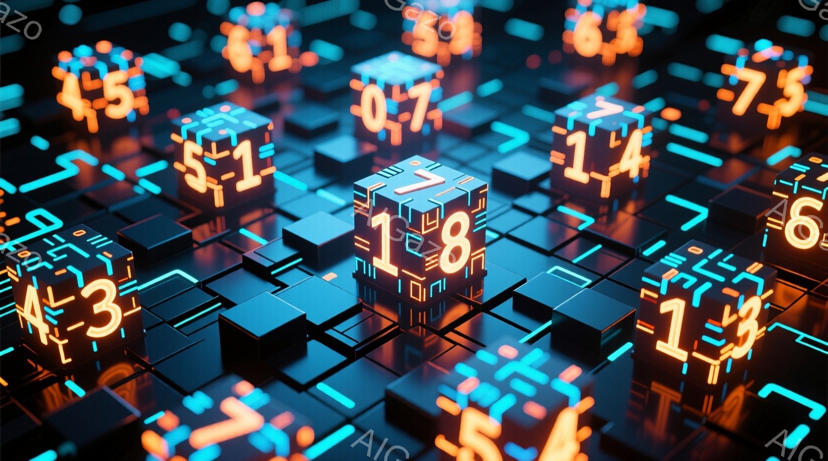 この画像は、様々な数字が刻まれたキューブが複雑に配置されたデジタルな風景を描いています。キューブは鮮やかなオレンジ色と青色で光り、黒い背景と組み合わさって未来的な印象を与えます。全体的に、技術的で抽象的な雰囲気が漂い、まるでコンピューター内部の構造を表現しているかのようです。