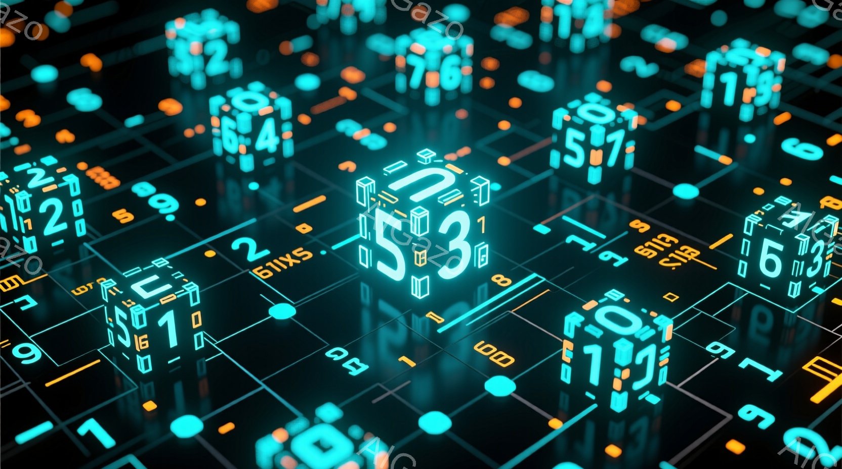 この画像は、光沢のある暗い背景に浮かぶ、様々な数字が刻まれた立方体の集合を描いています。立方体は鮮やかなオレンジ色と青色で縁取られ、複雑な回路やデジタルネットワークを連想させる幾何学的なパターンを形成しています。全体的に、この画像は未来的なテクノロジー、データ、接続性を想起させる、洗練された抽象的な雰囲気を持っています。