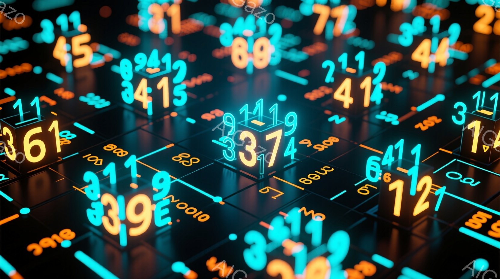 この画像は、無数の数字が三次元空間に浮かび上がり、ネオンライトのような光を放っている様子を描写しています。数字は様々な色（オレンジ、シアン、青など）で表現され、光沢のある黒い表面に反射して、サイバーパンク的で未来的な雰囲気を醸し出しています。全体的に、数字が網の目のように配置され、複雑でダイナミックな視覚的効果を生み出しています。