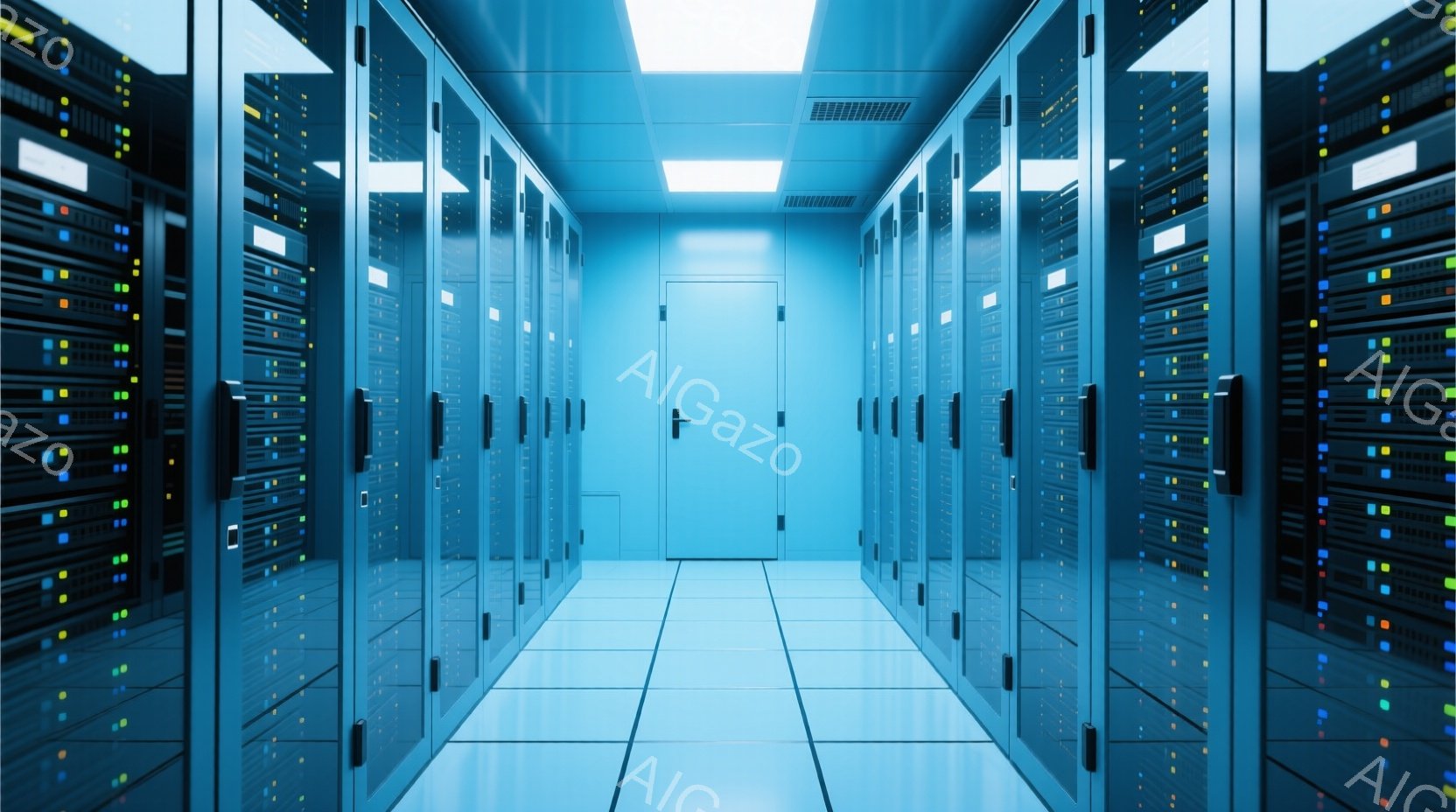 この画像は、青色のサーバーラックが両側に並ぶ、狭く長い部屋の様子を捉えています。床と天井は白く、サーバーラックの青い光が反射し、クールで未来的な雰囲気を作り出しています。部屋の奥には、閉じた青いドアが - AI生成フリー素材