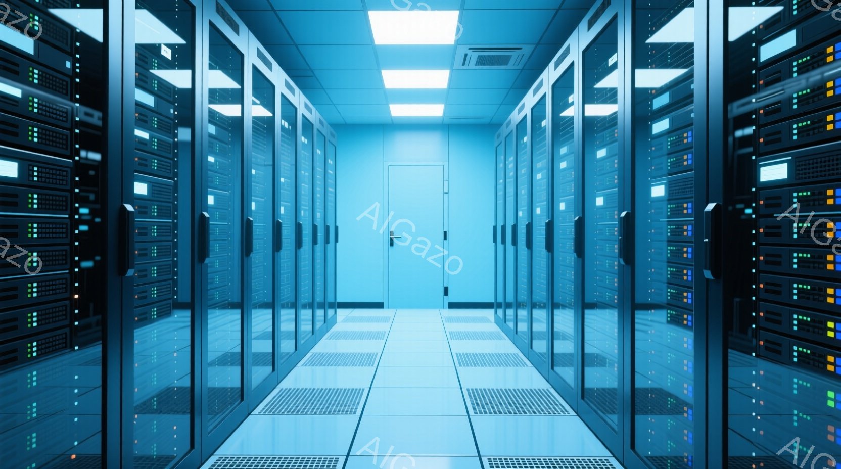 データセンターの廊下で、左右に整然とサーバーラックが並んでいます。青色の照明が通路全体を照らし、床のタイルとサーバーラックの点灯するランプが規則的に光を反射しています。奥には閉ざされた青いドアがあり、現代的で清潔な、そして少し無機質な雰囲気を醸し出しています。