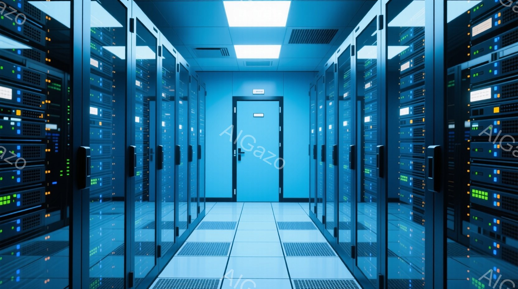 無数のサーバーラックが整然と並んだ、青色を基調としたデータセンター内である。床はグレーのタイル張りで、明るい蛍光灯が全体を照らし出している。奥には閉まった青いドアが見え、整然とした配置と冷たい光が、無機質で効率的な雰囲気を醸し出している。