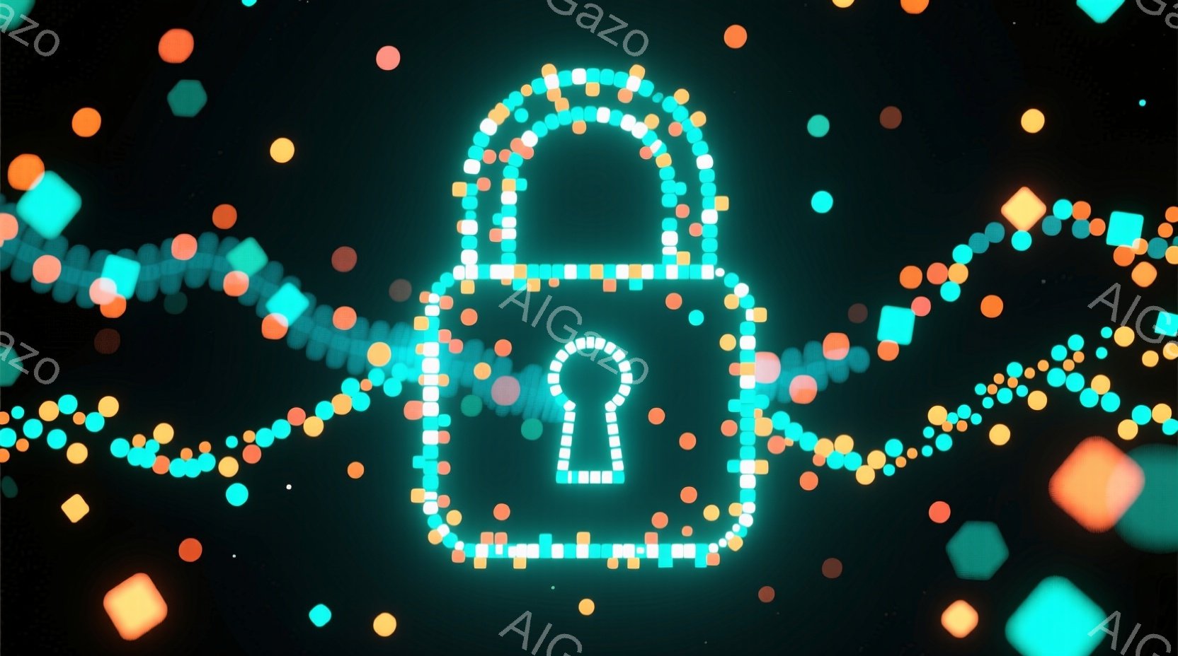 鮮やかな緑とオレンジの小さな正方形が散りばめられた暗い背景に、光る南京錠が描かれています。南京錠は、点線状の光で構成されており、開いた錠孔が特徴的です。全体的にサイバーパンク調で、デジタルセキュリティやロック解除といった概念を連想させる雰囲気です。