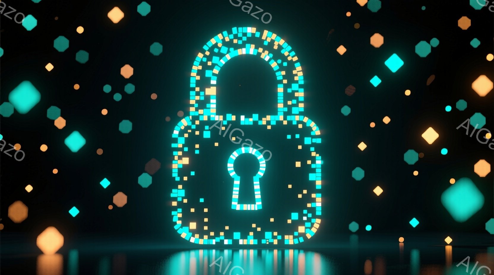 この画像は、デジタルな南京錠が描かれており、小さな正方形の光が構成されています。南京錠の下には光沢のある反射面があり、背景にはさまざまな色の小さな正方形の光が散りばめられています。全体的に、サイバーセキュリティやデジタル保護といったテーマを想起させる、未来的で抽象的な雰囲気です。