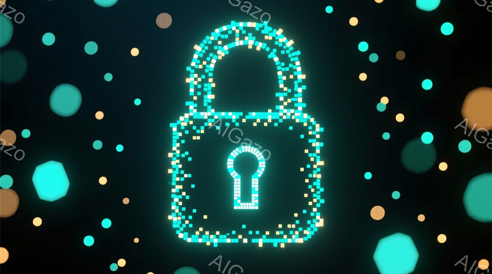 鮮やかなターコイズブルーのドットで構成された南京錠が、黒色の背景に浮かび上がっています。南京錠の内部にはキーホールがあり、鮮やかな光が発せられています。背景には、様々なサイズと色合いのぼやけた光の粒子が散りばめられ、デジタルな雰囲気を醸し出しています。