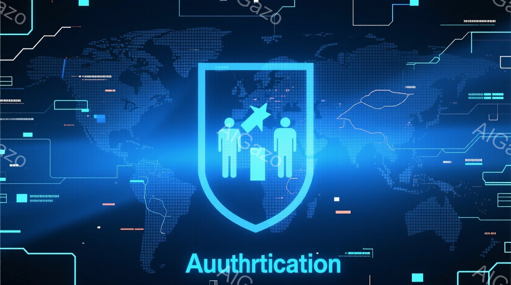 青い背景に、世界地図が透けて見えるデジタルなイメージです。盾の形をしたアイコンの中に、3人の人物が立っており、中央の人物の頭上に星が輝いています。全体的に未来的な雰囲気で、セキュリティや信頼性を象徴しているように見えます。