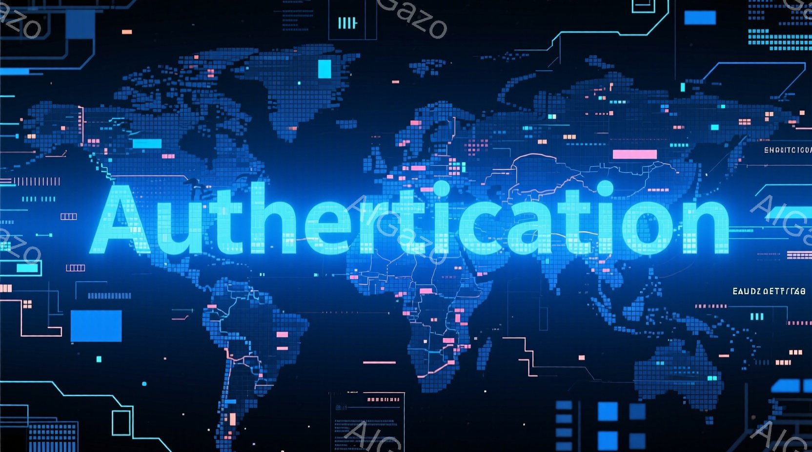 この画像は、世界地図を模したデジタルな背景で構成されています。青と紫の色調が中心で、様々なグリッドや線で構成され、サイバー空間やテクノロジーを連想させます。「Authentication」という文字が大きく中央に配置されています。全体的に未来的な雰囲気で、データの流れやネットワーク接続を視覚化したような印象を与えます。