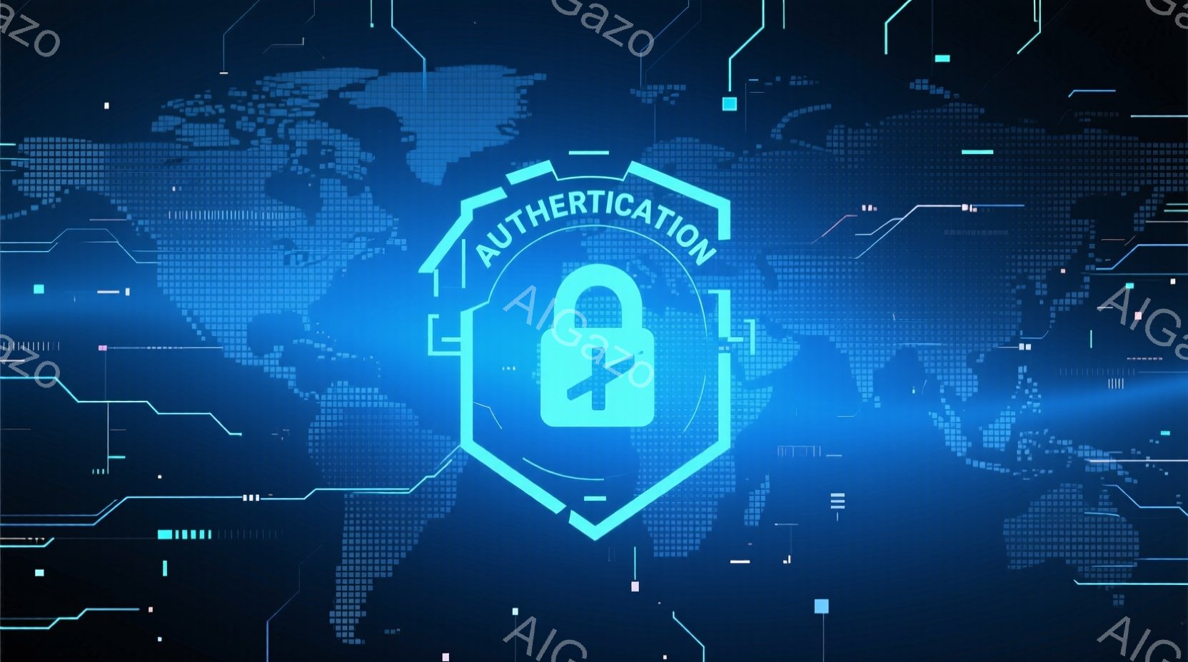 この画像は、青色の背景にデジタルな世界地図が広がり、中央に施錠された盾型のアイコンが配置されています。盾にはプラス記号が表示され、セキュリティと認証を象徴しているようです。全体的にクールで未来的な雰囲気で、デジタルセキュリティのコンセプトを強調しています。