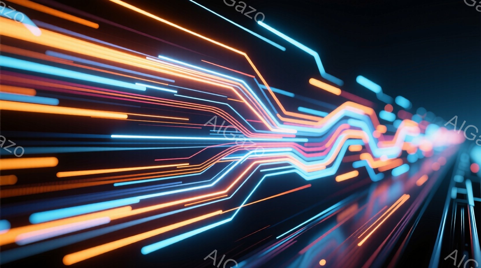 鮮やかなオレンジと青色の光の線が、まるで高速道路のように遠近法を利用して描かれている。光線は有機的で流れるような形状をしており、未来的な回路やエネルギーの流れを連想させる。背景は暗く、光の線が際立っており、スピード感とデジタルな雰囲気を醸し出している。