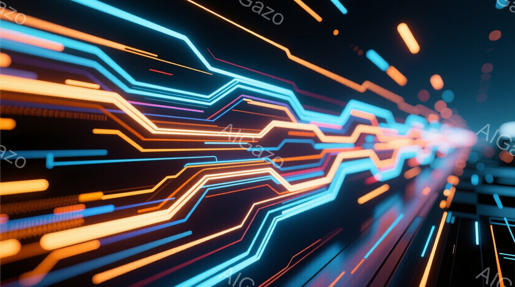 この画像は、ネオンカラーの光のラインが、まるで高速道路のように遠近法を利用して伸びている抽象的な表現です。背景には、ぼやけたキーボードの一部が見え、未来的なテクノロジーとデジタル世界の速さを想起させます。全体的に、鮮やかでダイナミックな印象を与え、エネルギーとスピードを感じさせます。